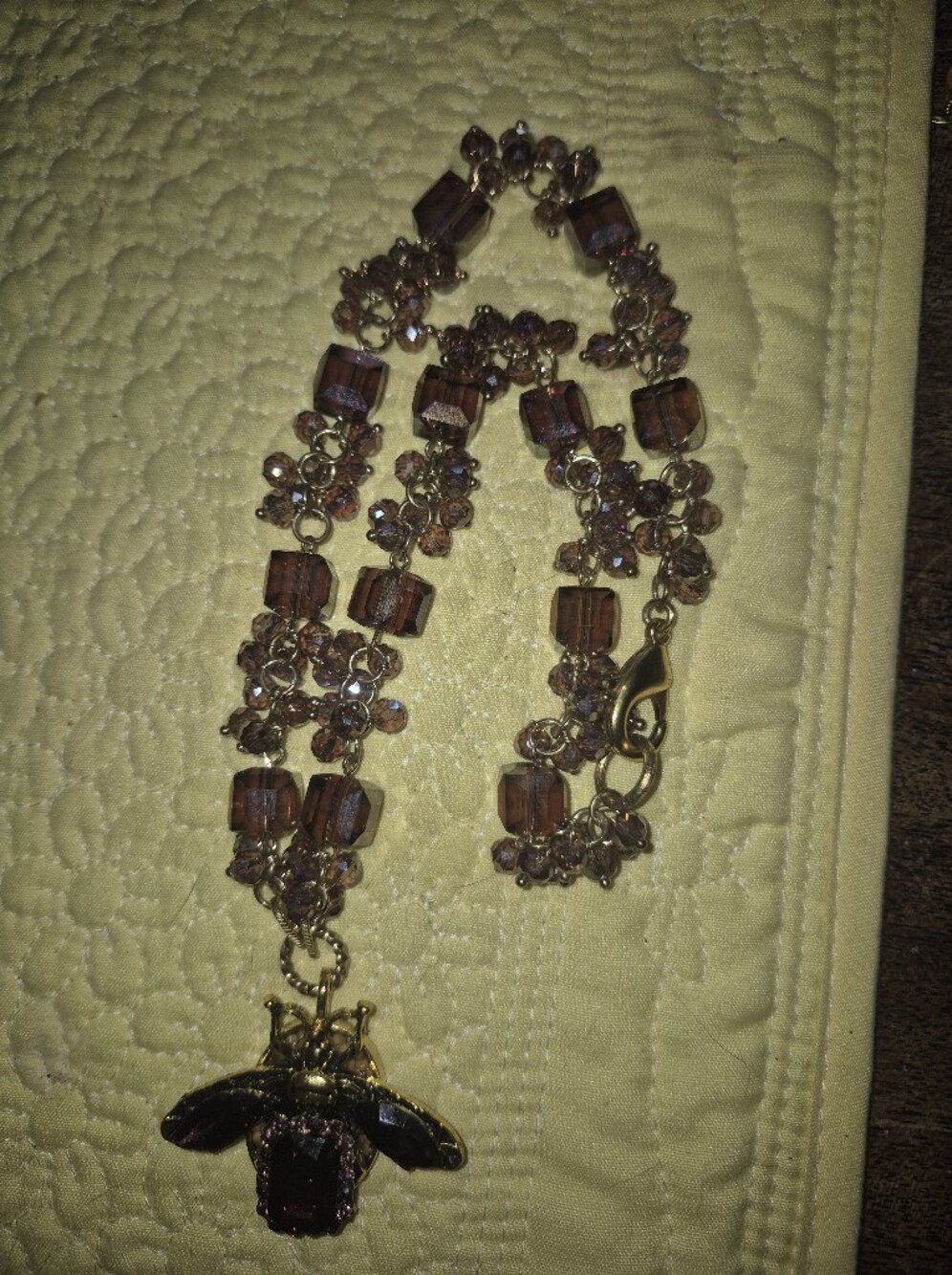 Brown Faceted Bead Statement Necklace with Gold Bee Pendant